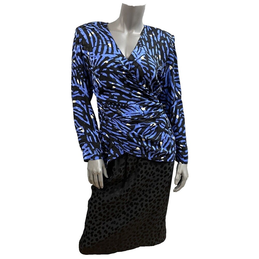 Silks by St. Gillian 2Pc Dress 100% Silk Size 8/10 Blue & Black VTG 80s Pads